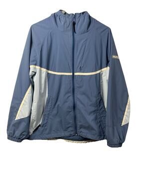 Columbia Packable Women’s Jacket Sz Medium Full Zip, Hood,Pockets, Blues & White